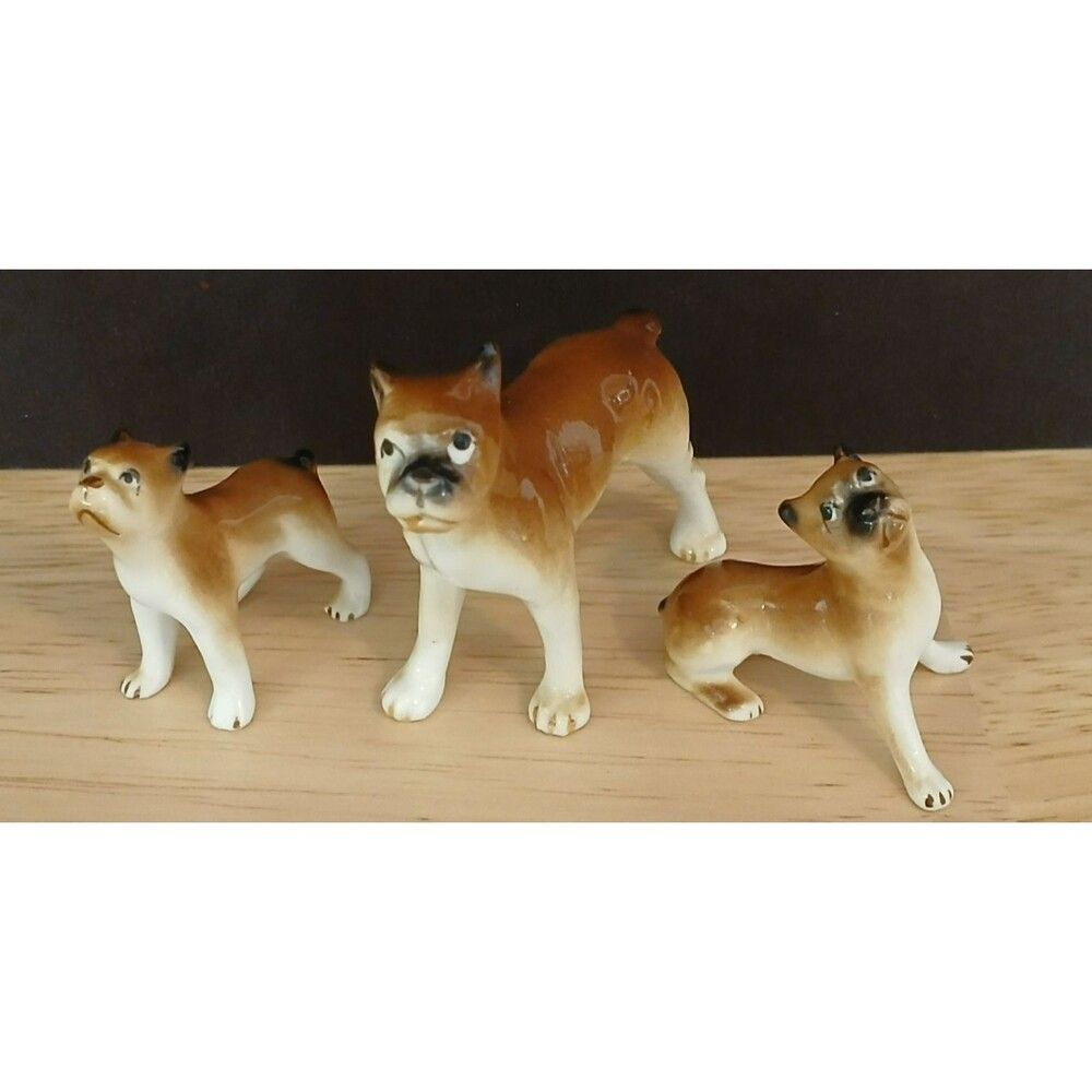 Vintage Set of 3 Porcelain Miniature Boxer Dog Cute Figurines